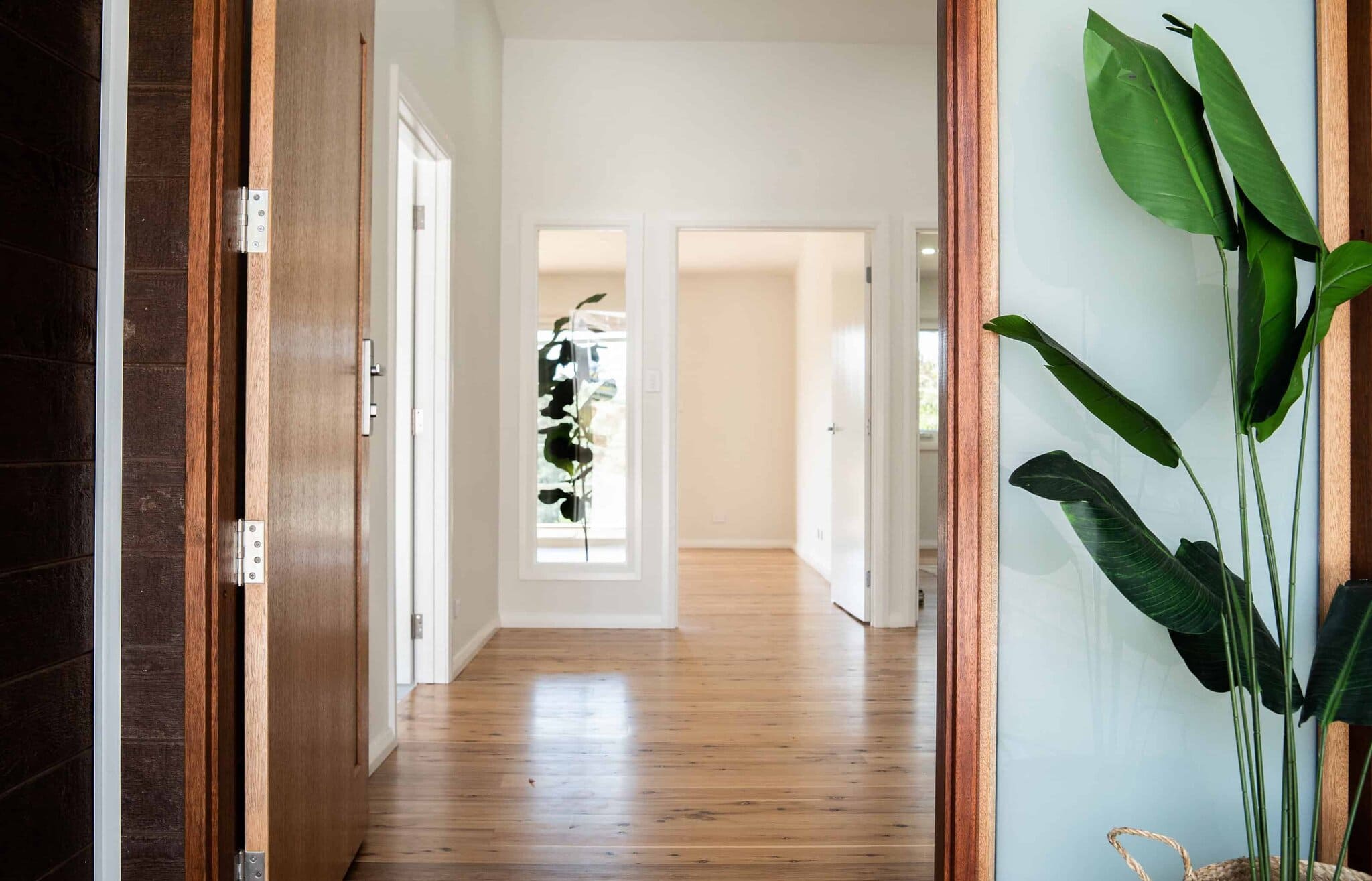 Spacious modern home interior with hardwood floors and lush indoor plants, designed for family comfort.